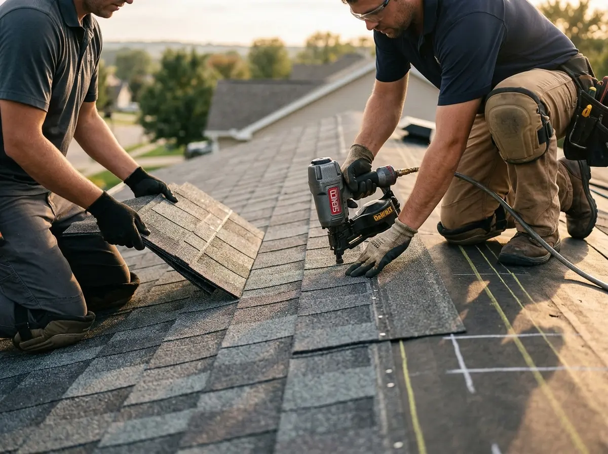 Professional roofer working on a residential roof in East Hartford